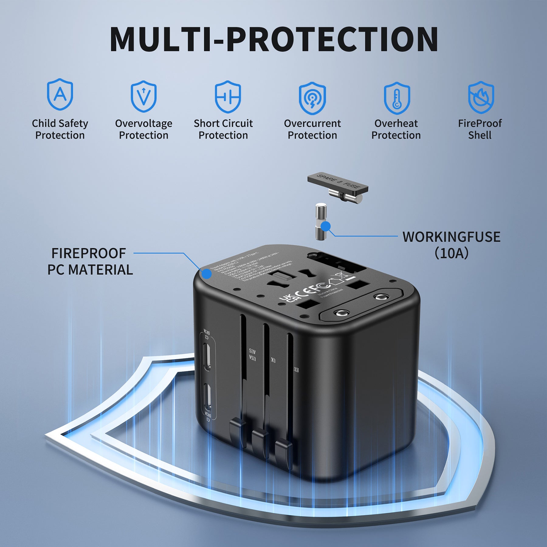 Safety First: Universal Travel Adapter with Integrated Dual 10A Fuses and Overload Protection