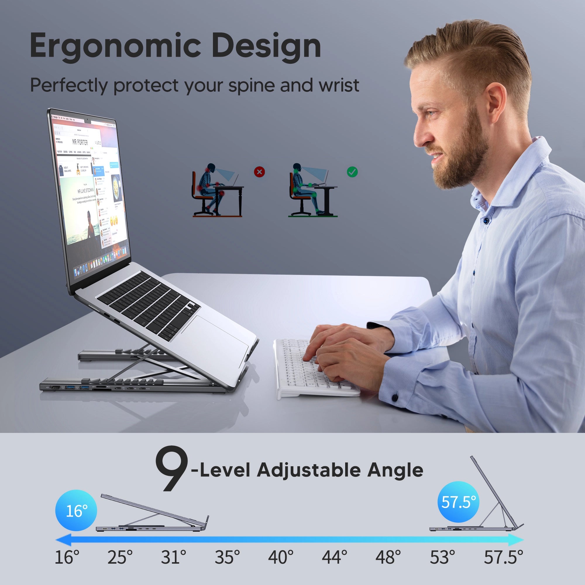 Ergonomic Laptop Stand with Integrated Dock for Clean Desk Setup and Neck Relief