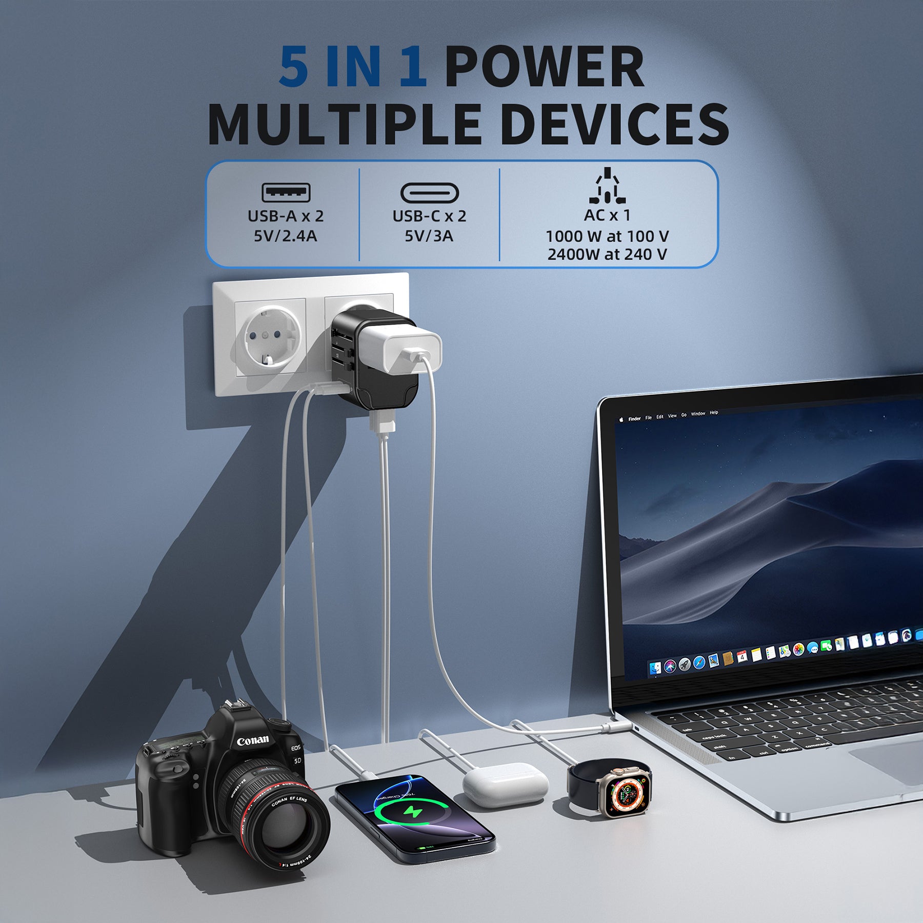 Charge Up to 5 Devices Simultaneously with Mukiya Multi-port Universal Power Adapter